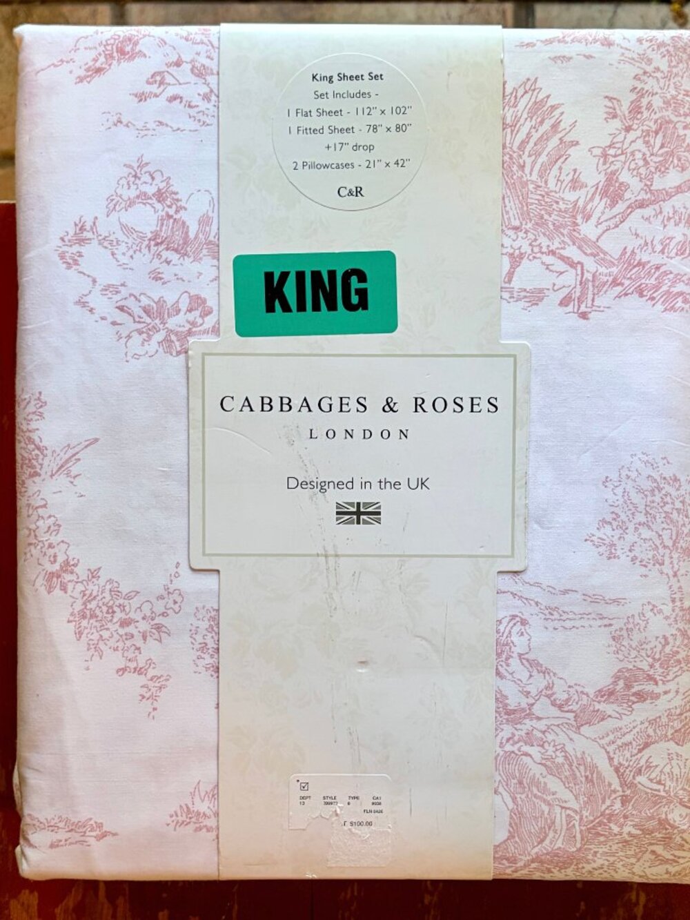 Cabbages & Roses COUNTRY TOILE - Rose Pink Cotton Percale KING Size Sheet Set